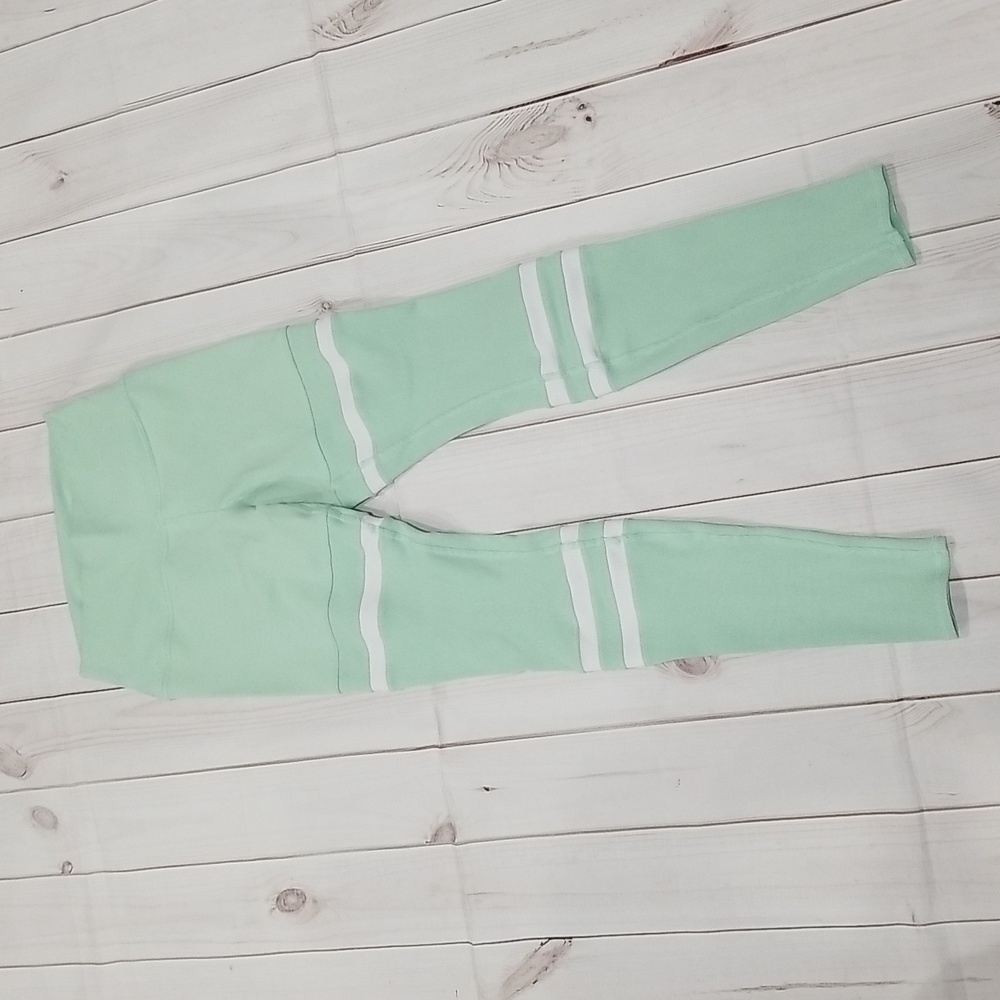 Alo Yoga High Waist Legit Leggings Size Small Mint Green and White Strip…